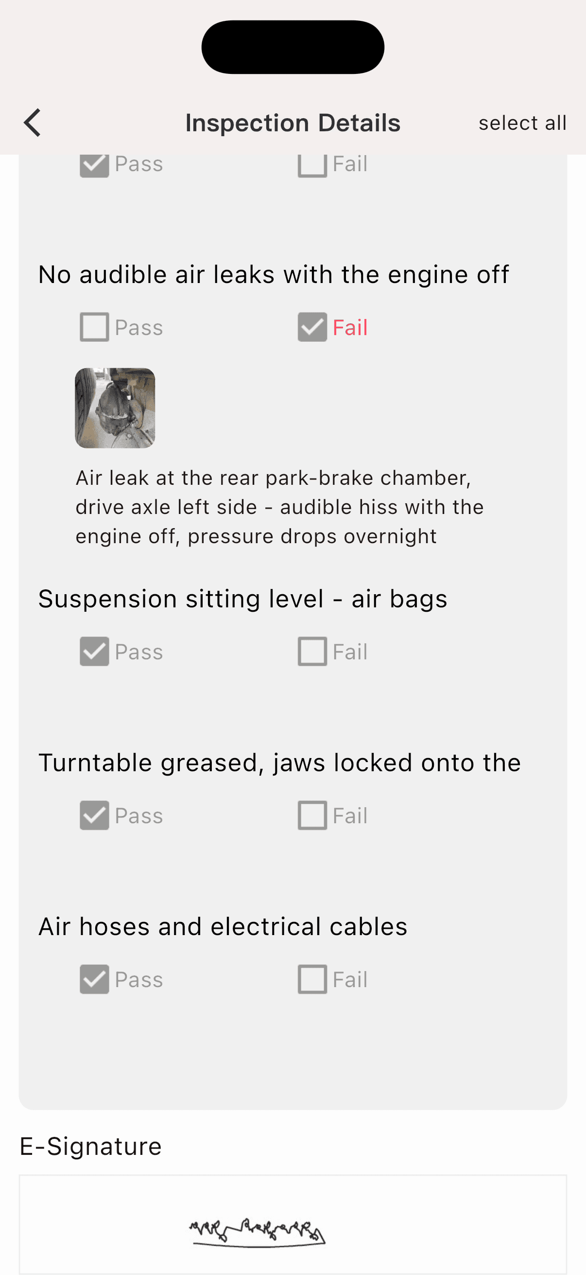 Failed check: air leak at the rear park-brake chamber, with photo and note