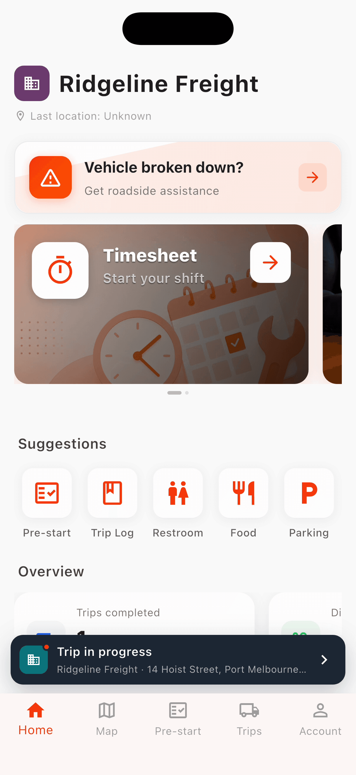 Driver app home for Ridgeline Freight: breakdown help, timesheet and the trip in progress