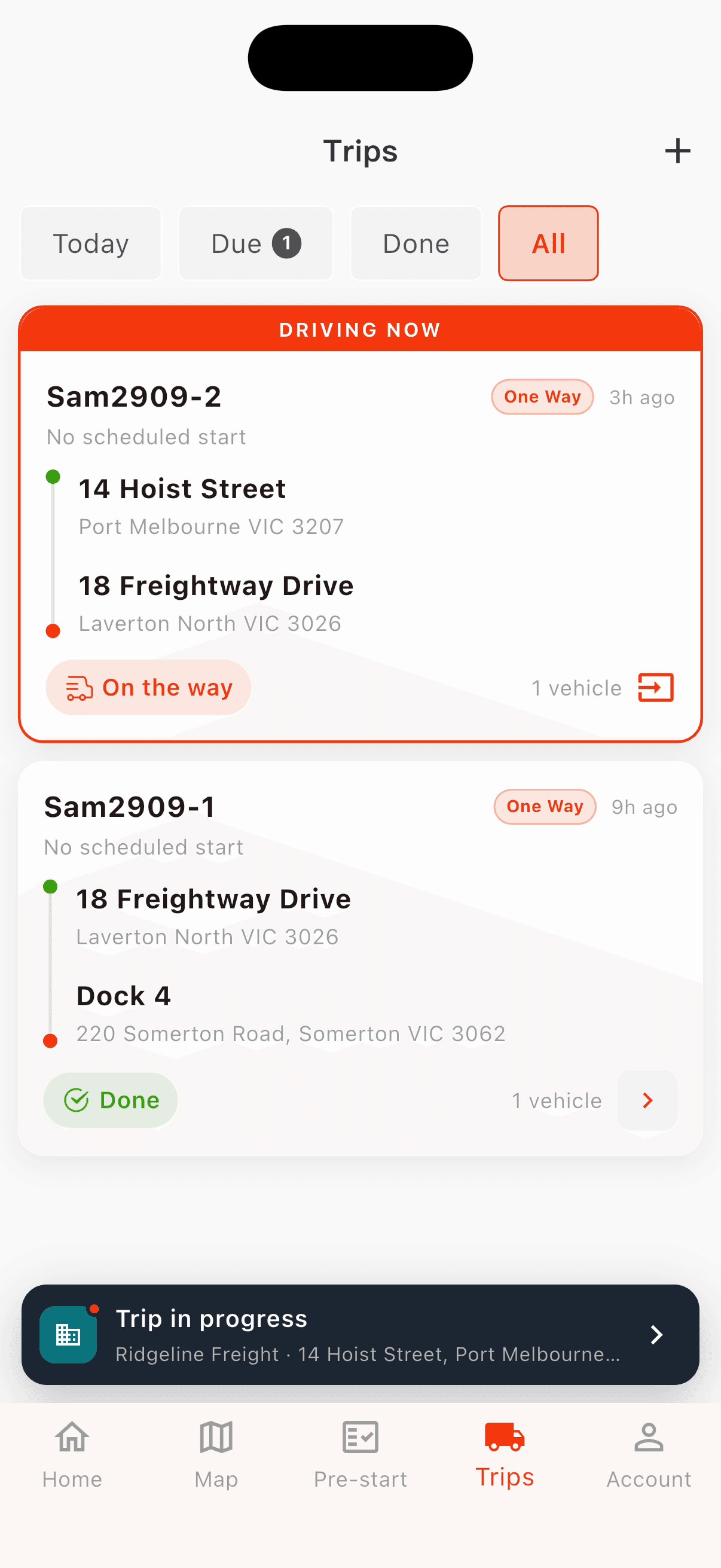 The trip list with today's trips