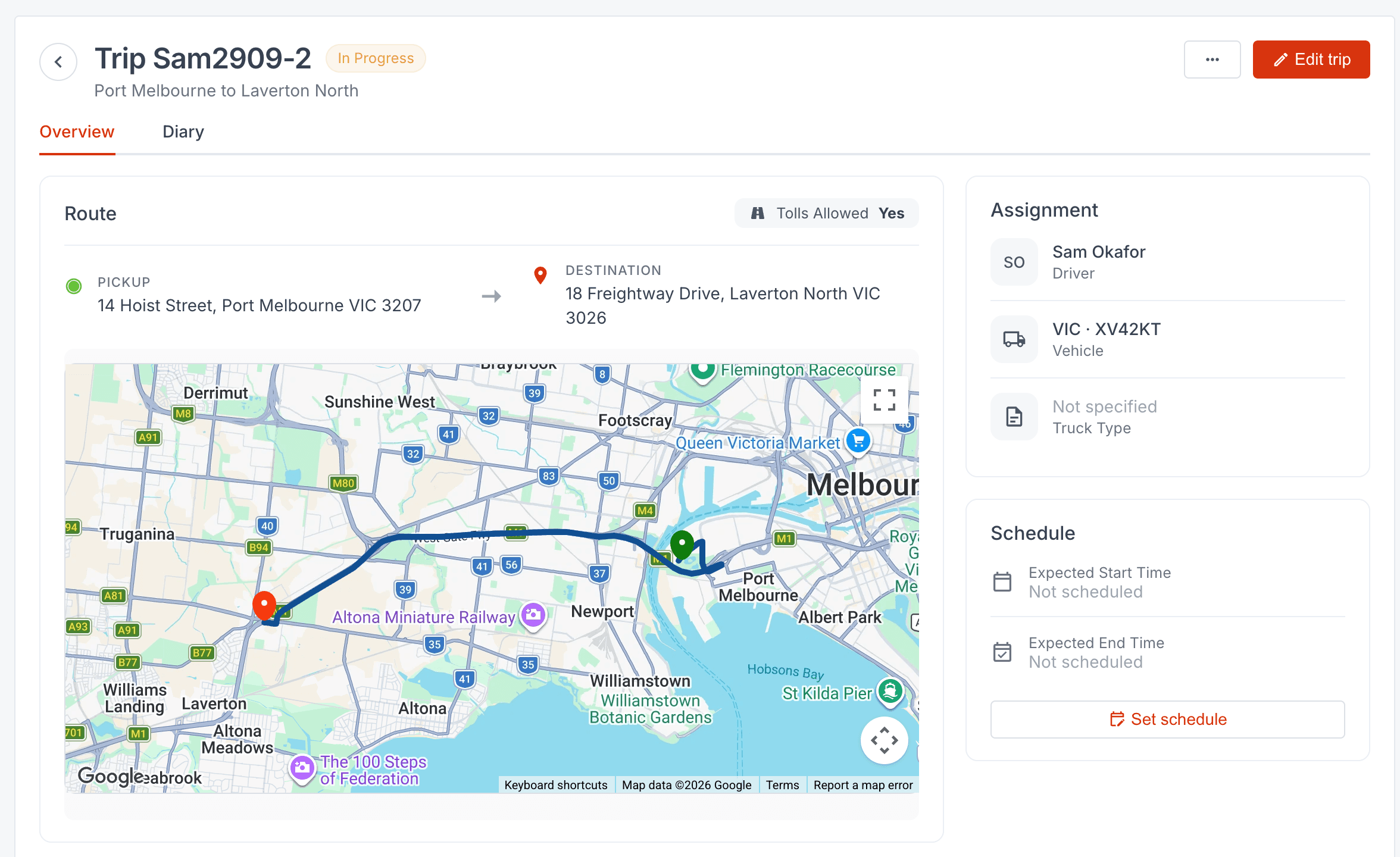 The same trip, live on the logistics platform
