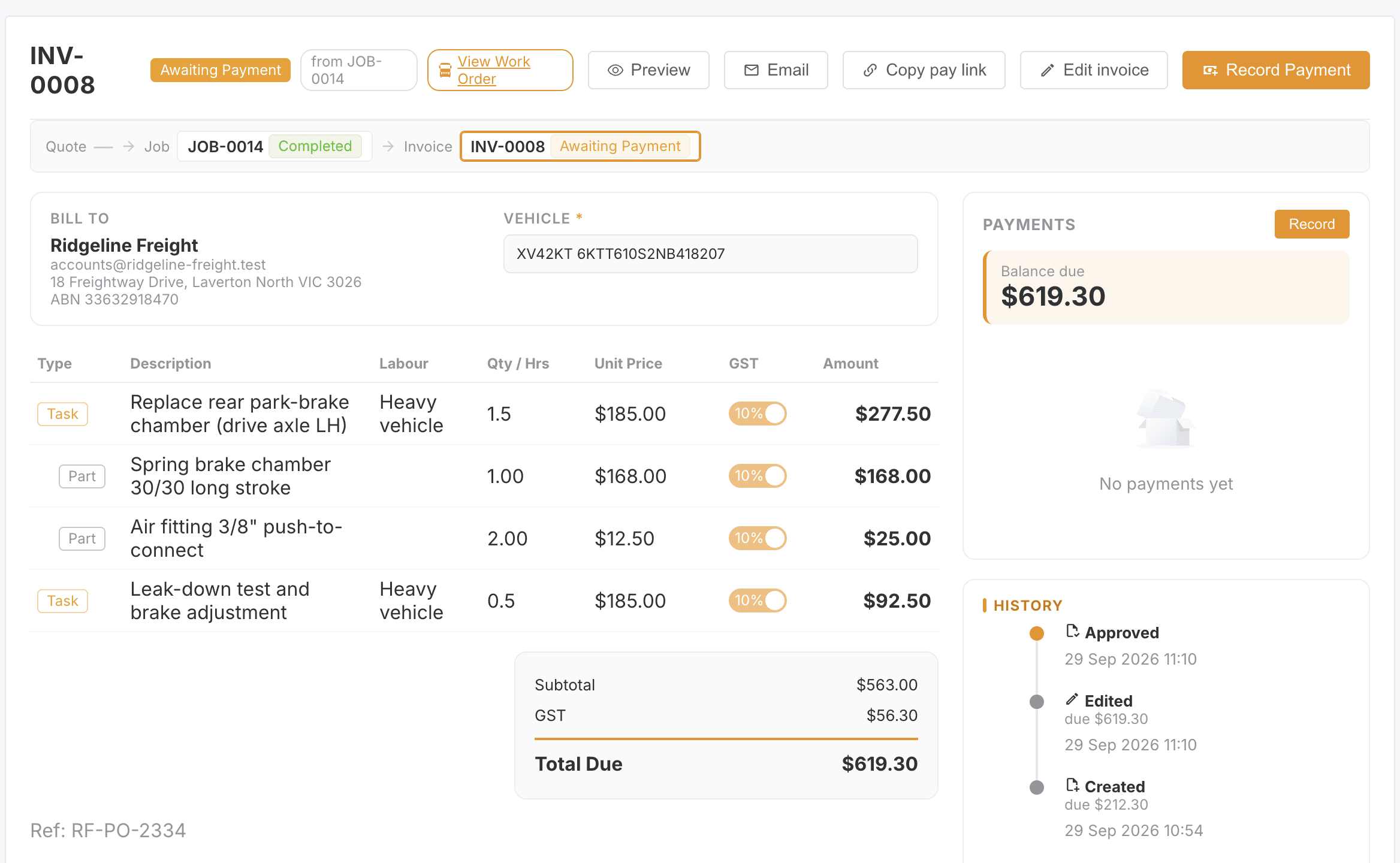 Invoice INV-0008 for Ridgeline Freight raised from job JOB-0014