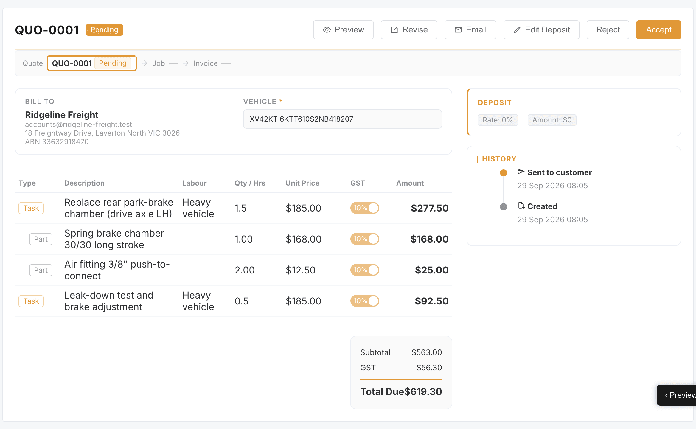 Quote QUO-0001 for $619.30, sent to the customer at 08:05