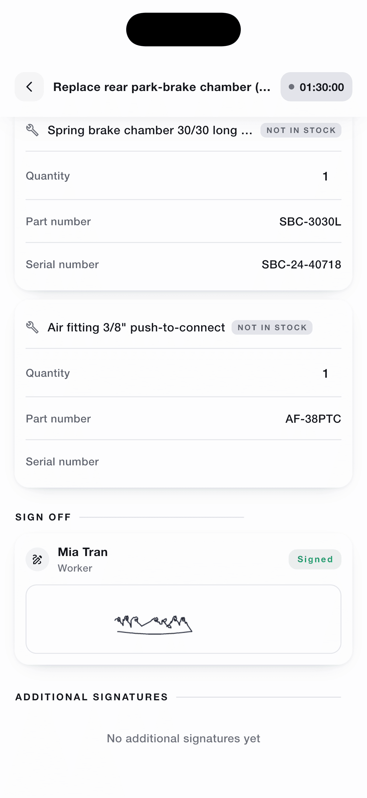 Task signed off by Mia Tran, 01:30:00 logged, parts with part and serial numbers