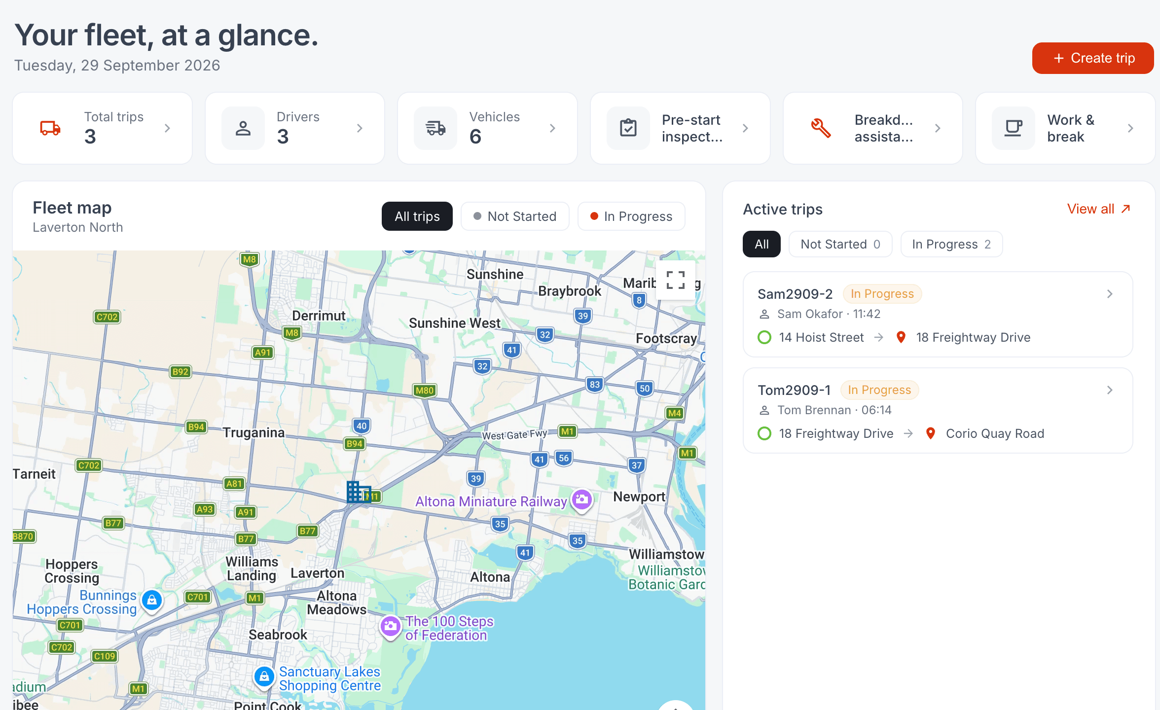Fleet home: trips, drivers and vehicles, the fleet map and active trips