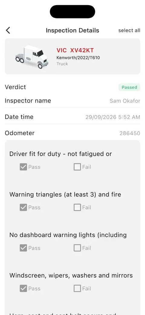 The Driver app's daily pre-start check, passed