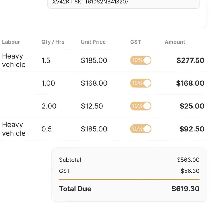 The invoice raised from the finished job in the Workshop platform