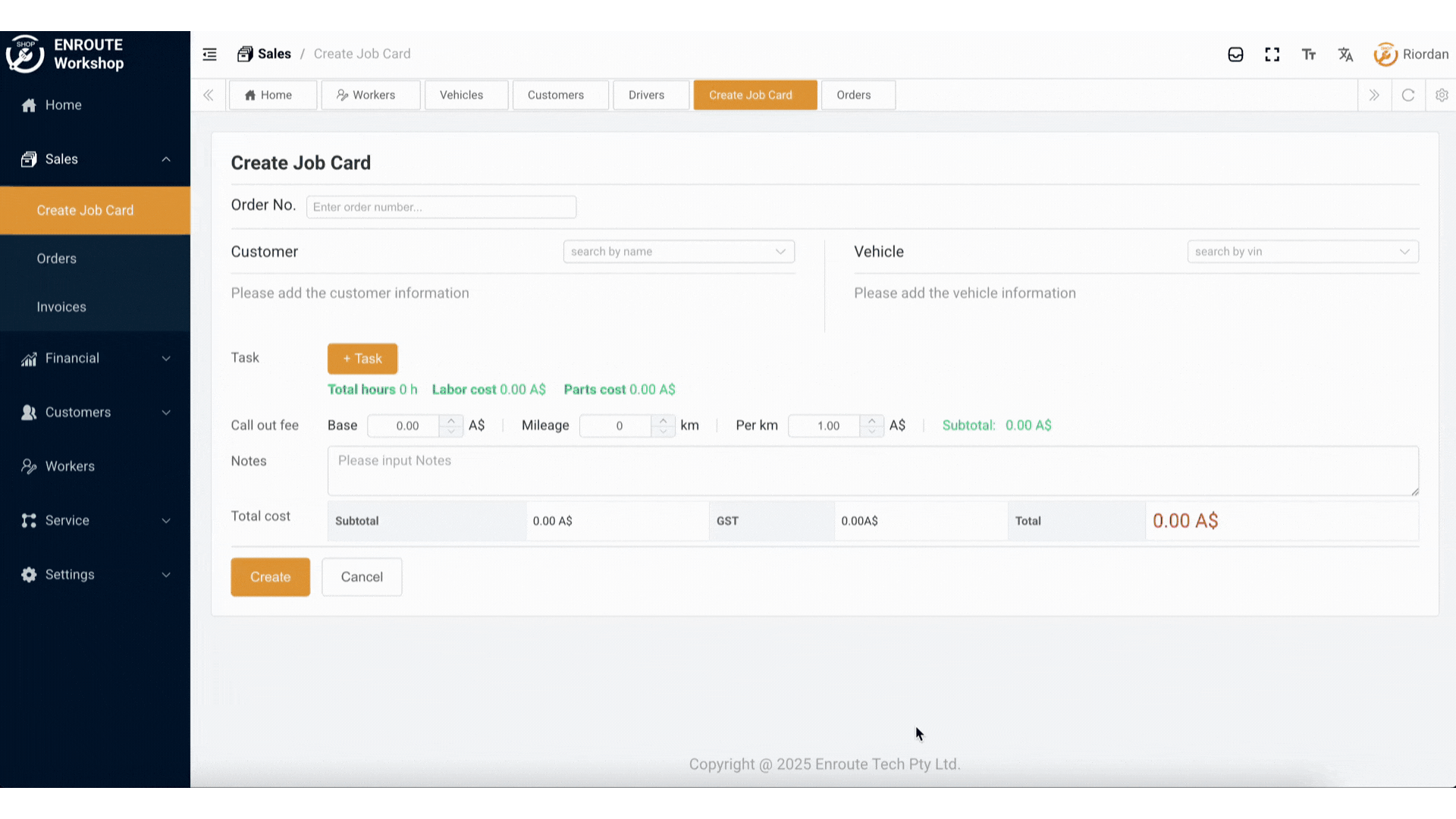 Entering order number in the job card form