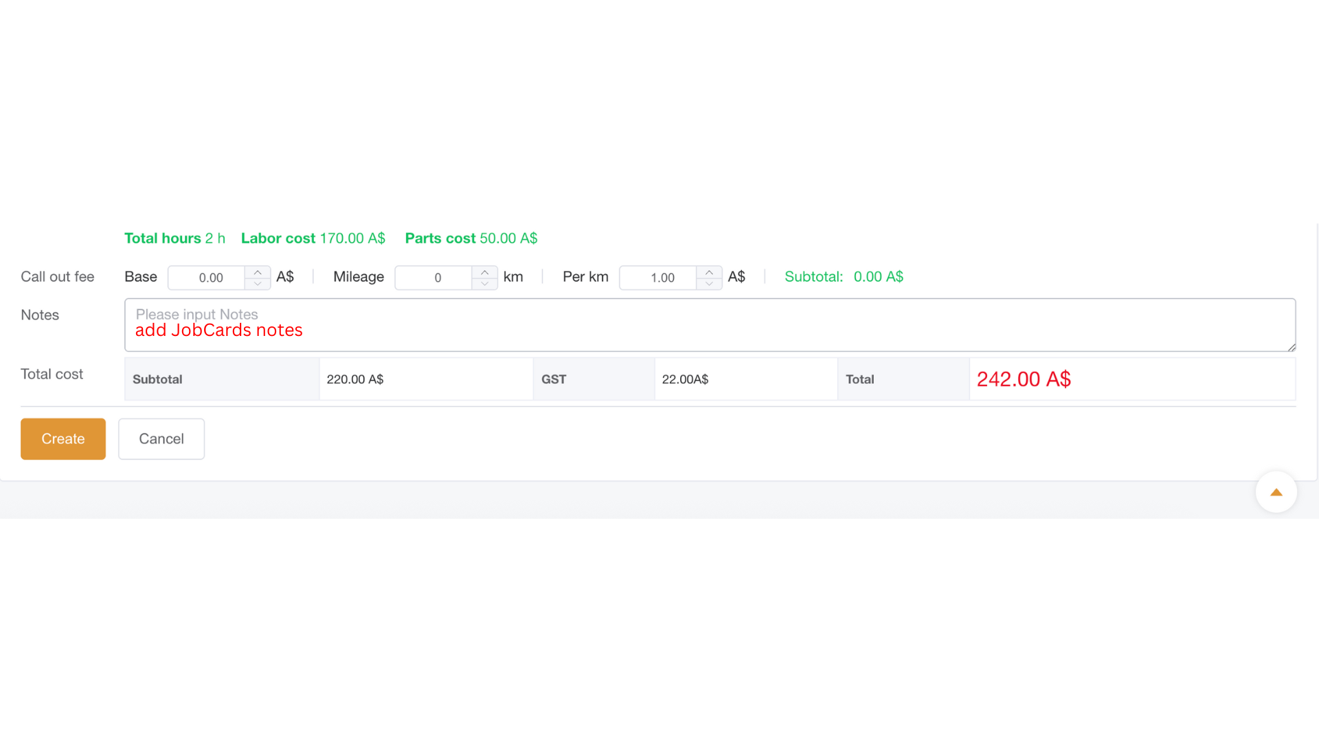 Job card summary showing totals and profit